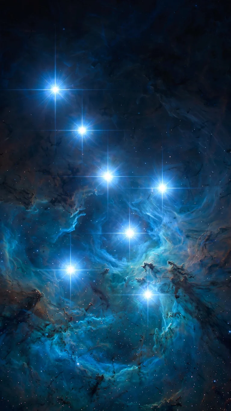 Pleiades seven blue stars wrapped in glowing blue nebulosity, vertical space wallpaper