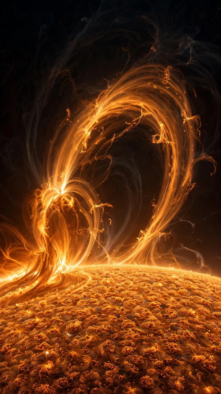Close-up of fiery solar prominence loop erupting from sun surface, vertical space wallpaper
