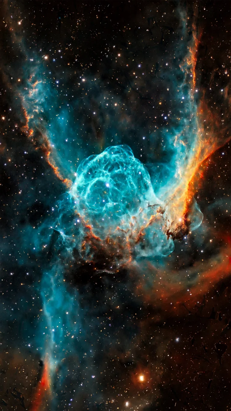 Thor's Helmet Nebula teal bubble with molten-orange rim arcs, vertical space wallpaper