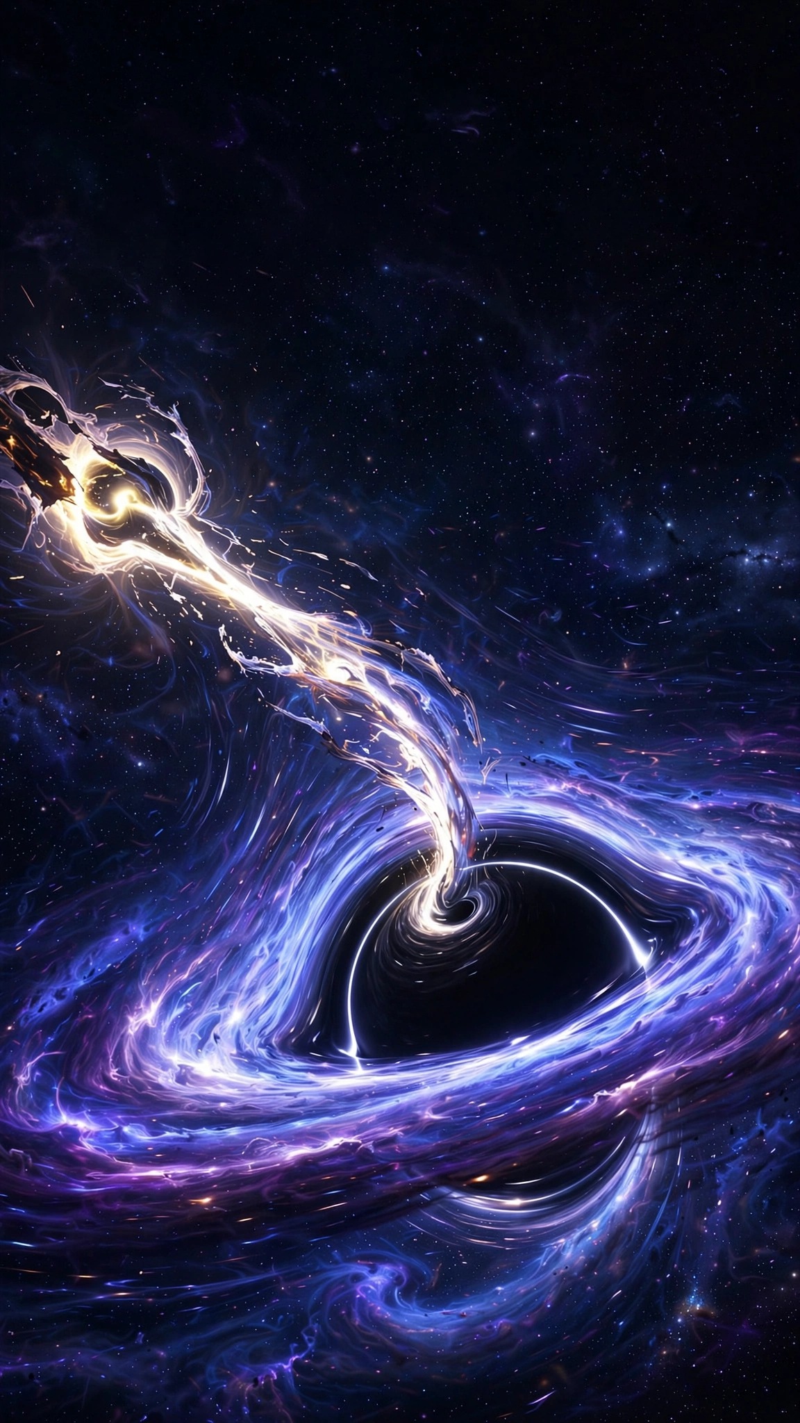 Star being torn apart by black hole with plasma streamer, vertical space wallpaper