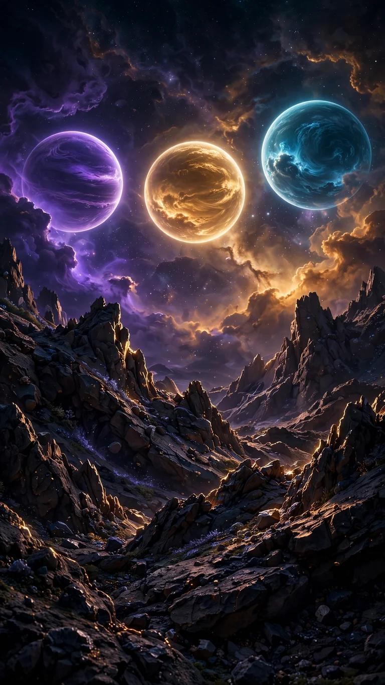 Three giant planets over alien rocky landscape under nebula sky, vertical space wallpaper
