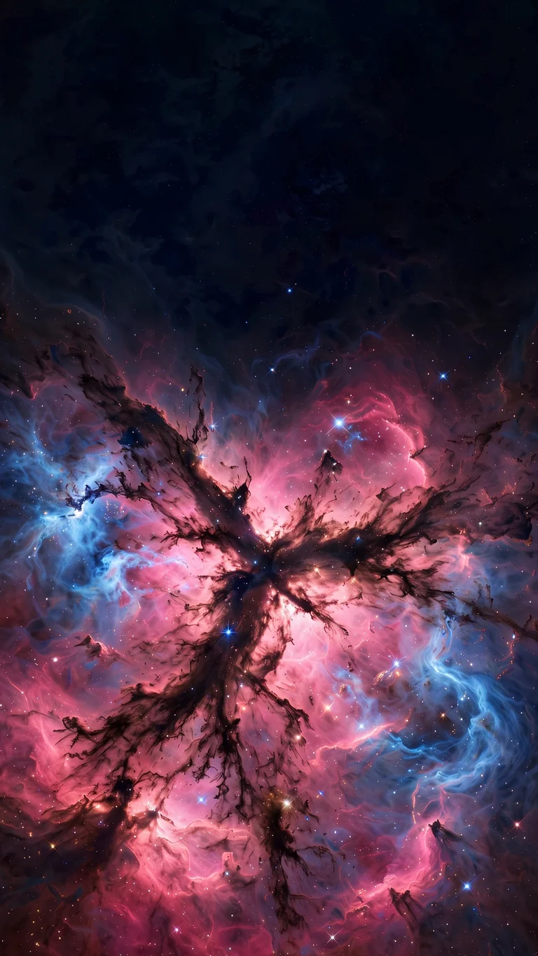 Trifid Nebula glowing rose-pink and electric blue split by dark dust lanes, vertical space wallpaper