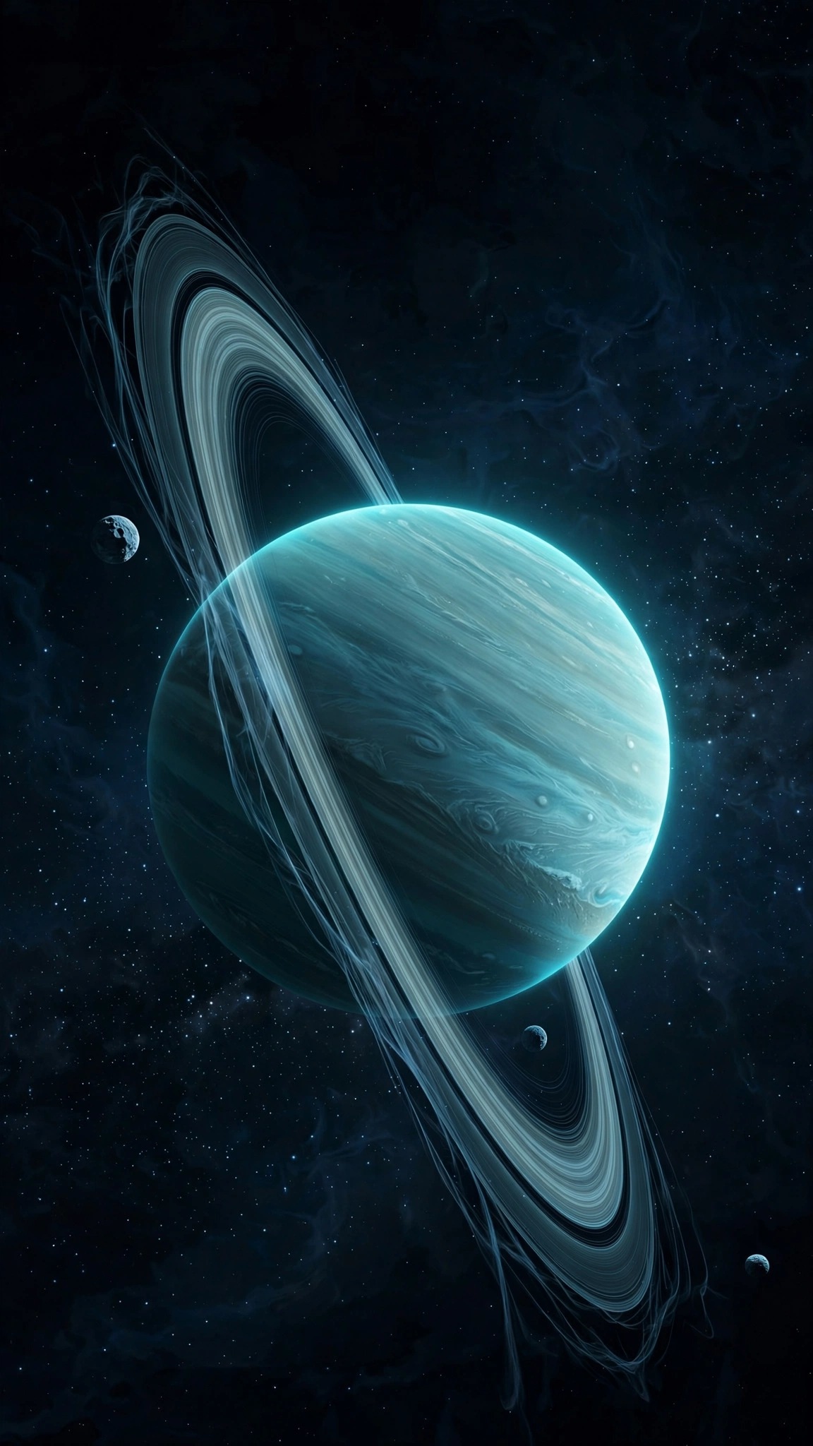 Uranus planet with tilted faint ring system and moons, vertical space wallpaper