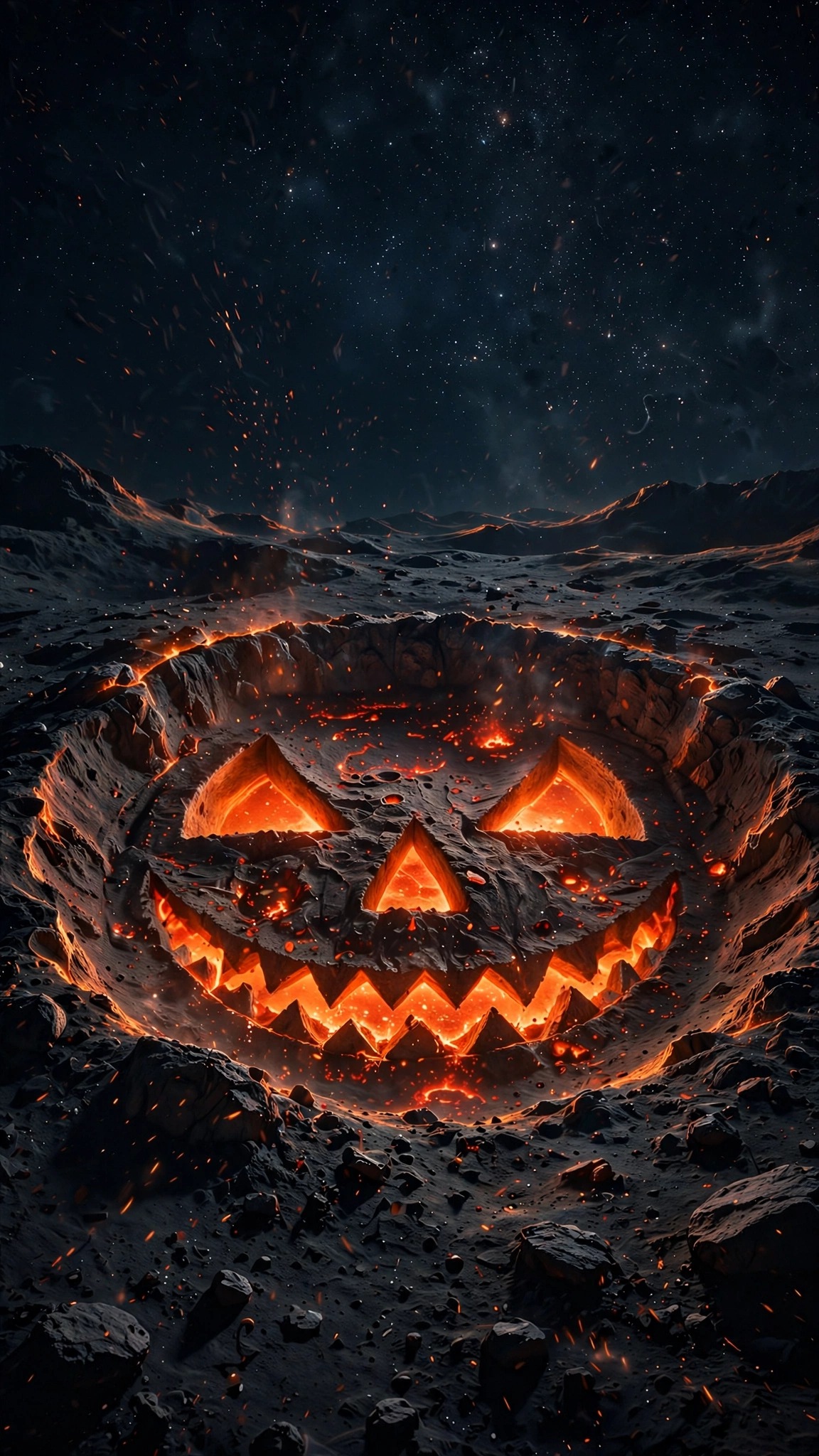 Jack-o-lantern crater glowing molten orange on the Moon under a starry sky, vertical Halloween wallpaper
