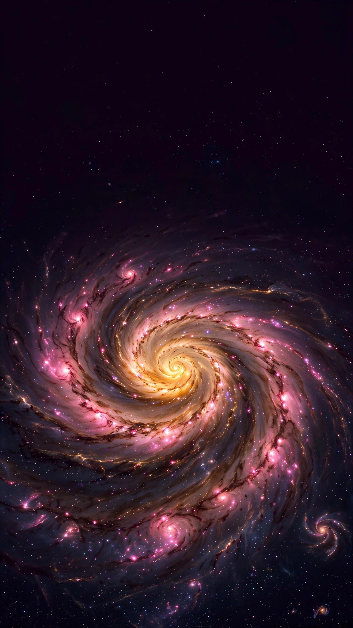 Whirlpool Galaxy spiral arms in pink and gold against deep violet space, vertical wallpaper