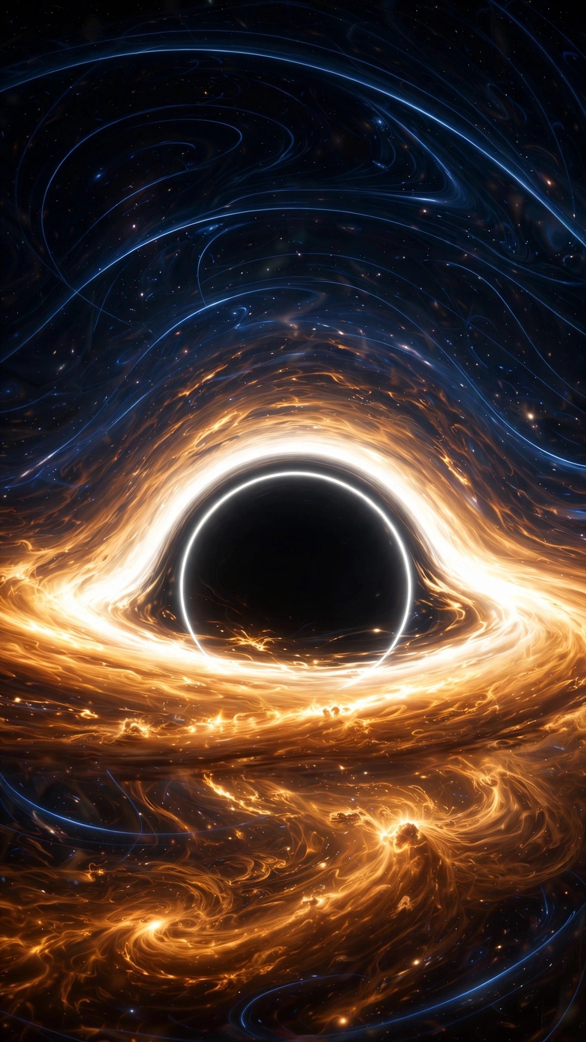 Supermassive black hole with glowing orange accretion disk and photon ring, vertical space wallpaper