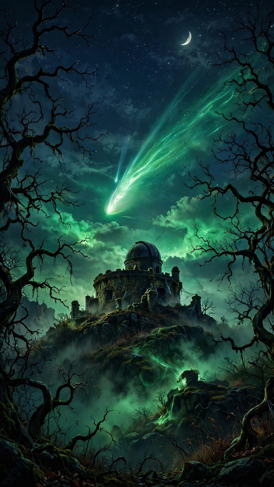 Haunted observatory under a green spectral comet at twilight, spooky vertical space wallpaper