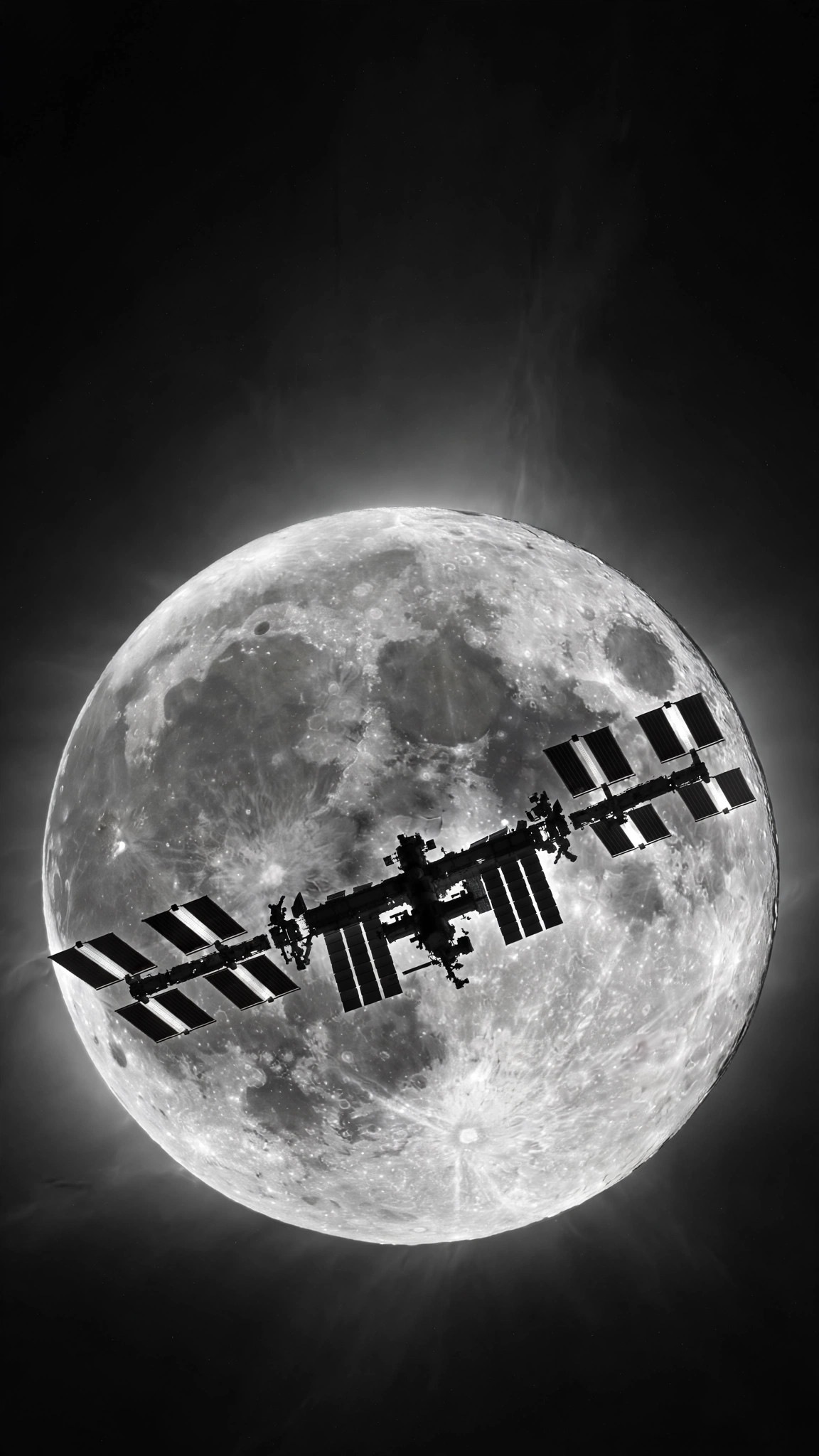 ISS silhouette crossing a brilliant full moon, stark monochrome vertical space wallpaper
