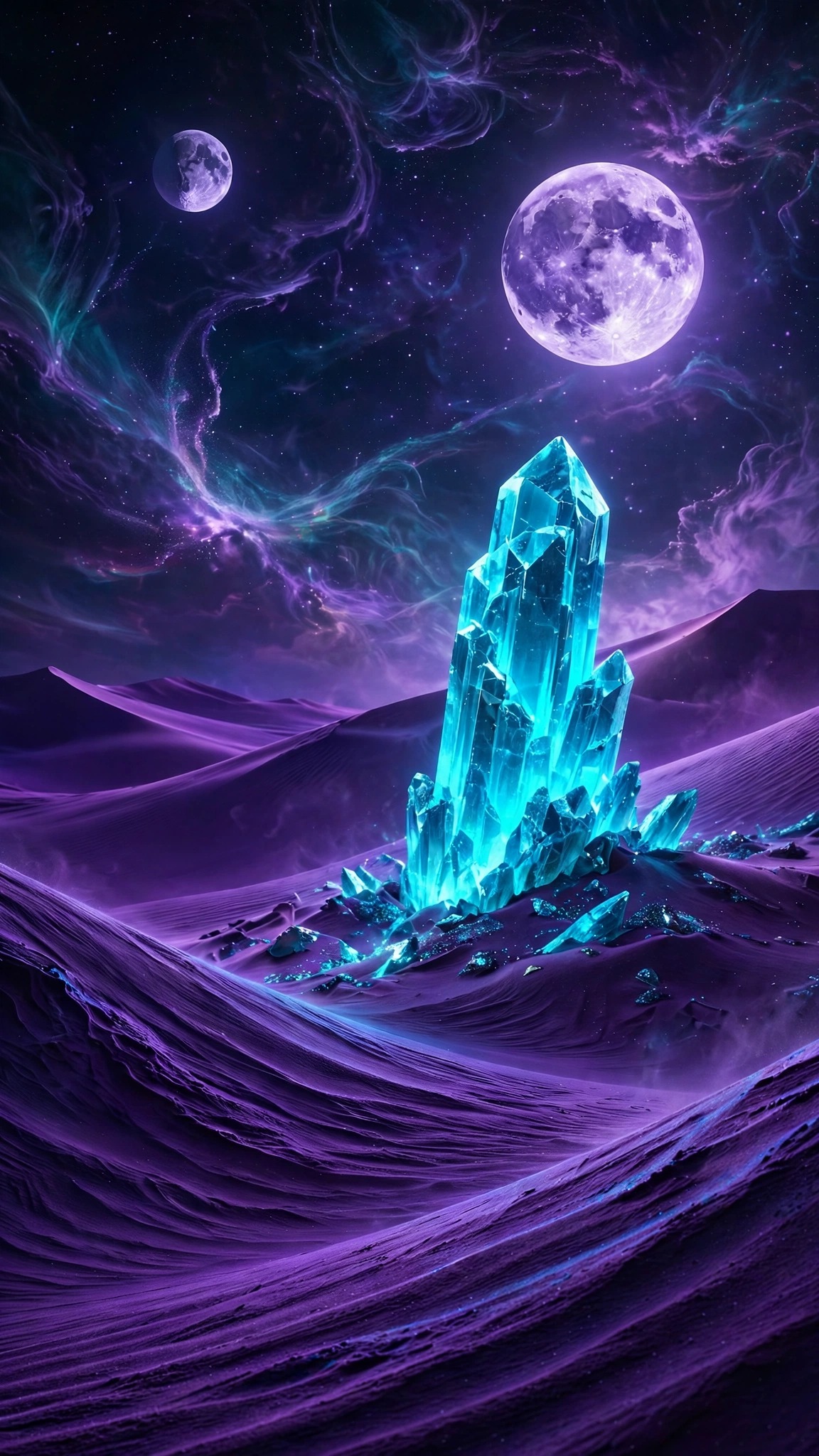 Alien desert with wind-carved violet dunes and a glowing crystal monolith under two moons