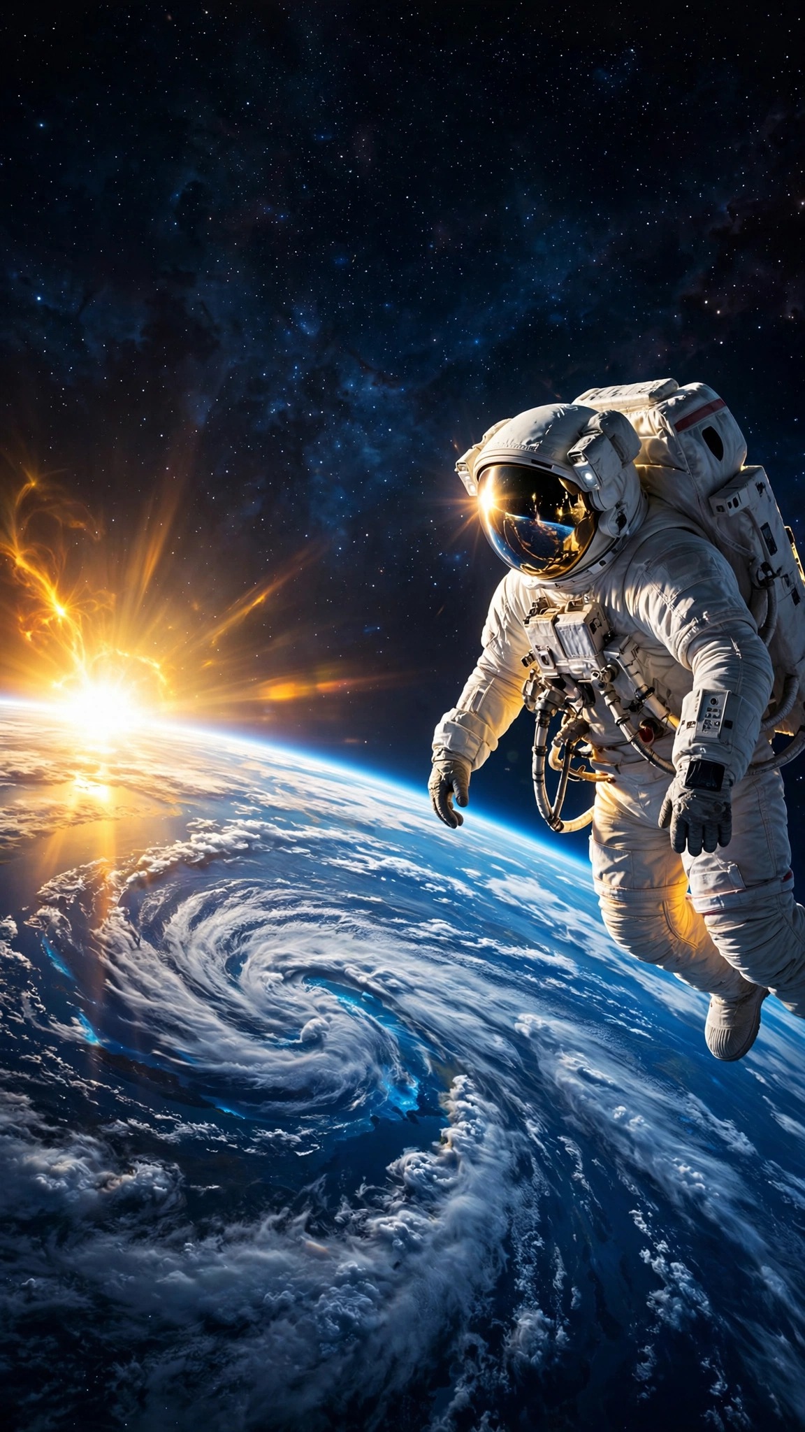Lone astronaut drifting in space beside Earth's glowing blue arc with a sunburst at the limb