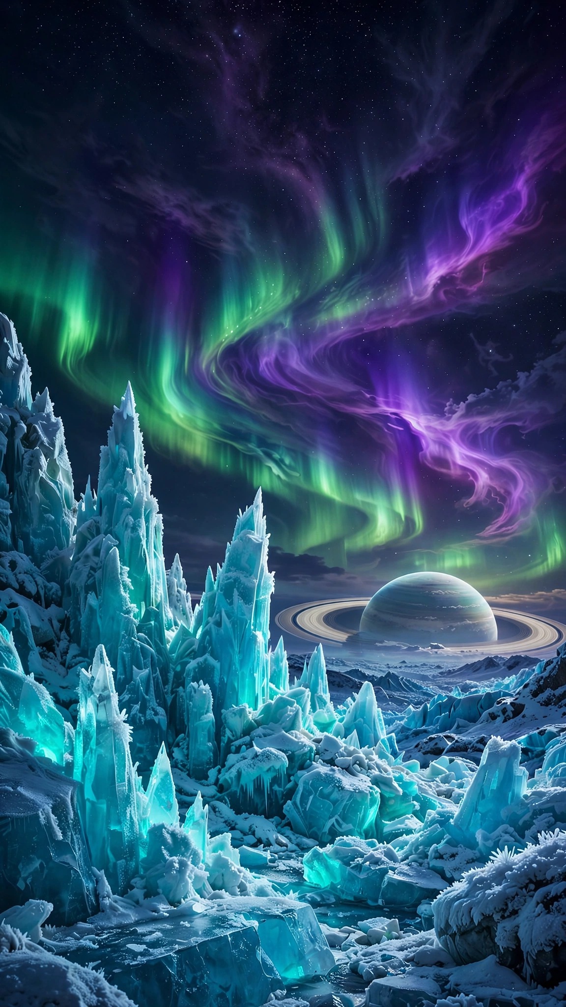 Green and violet aurora storm over an alien ice world with a giant ringed planet on the horizon