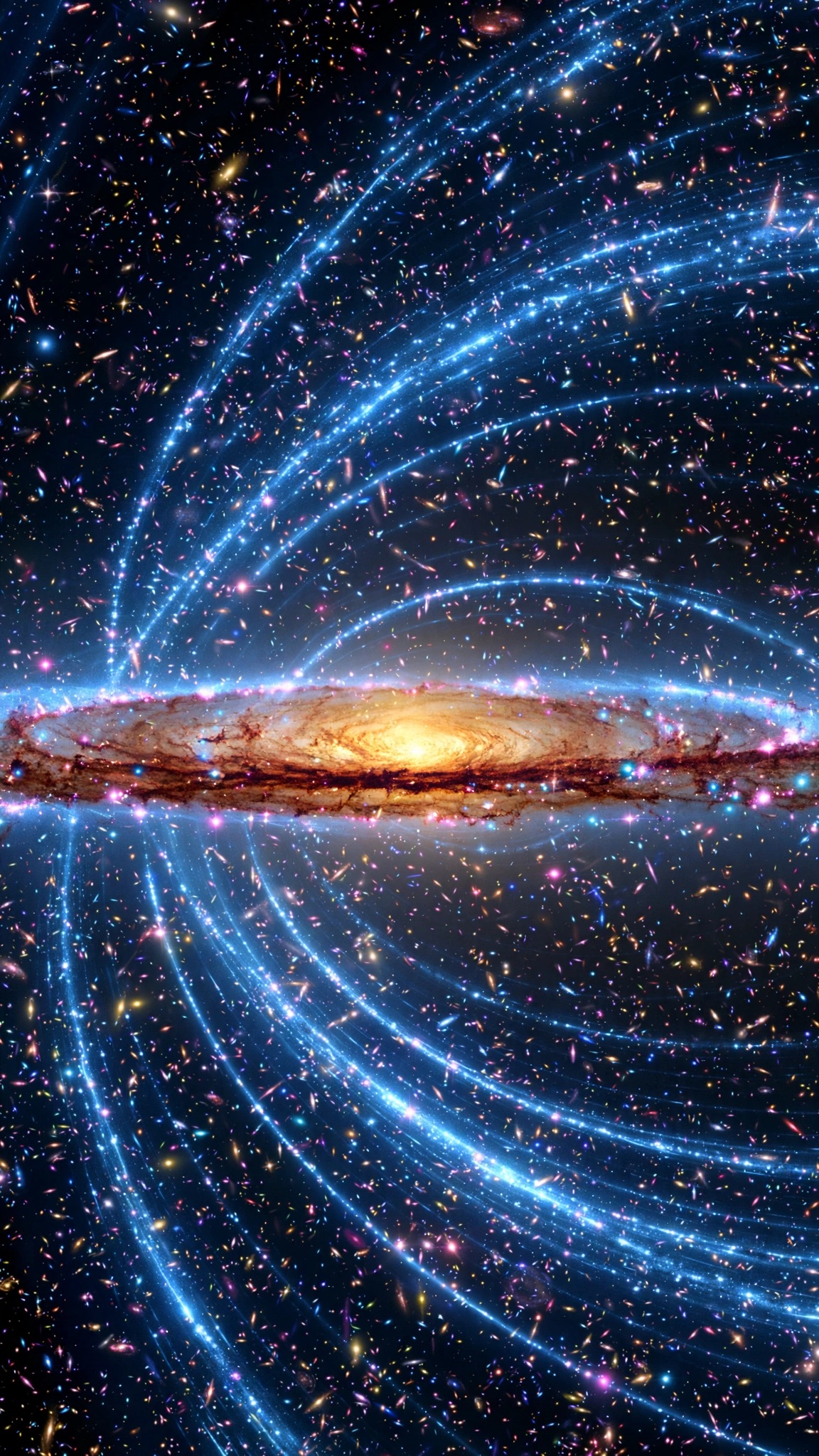 Majestic edge-on spiral galaxy with a glowing blue disk split by a dark rust-red dust lane