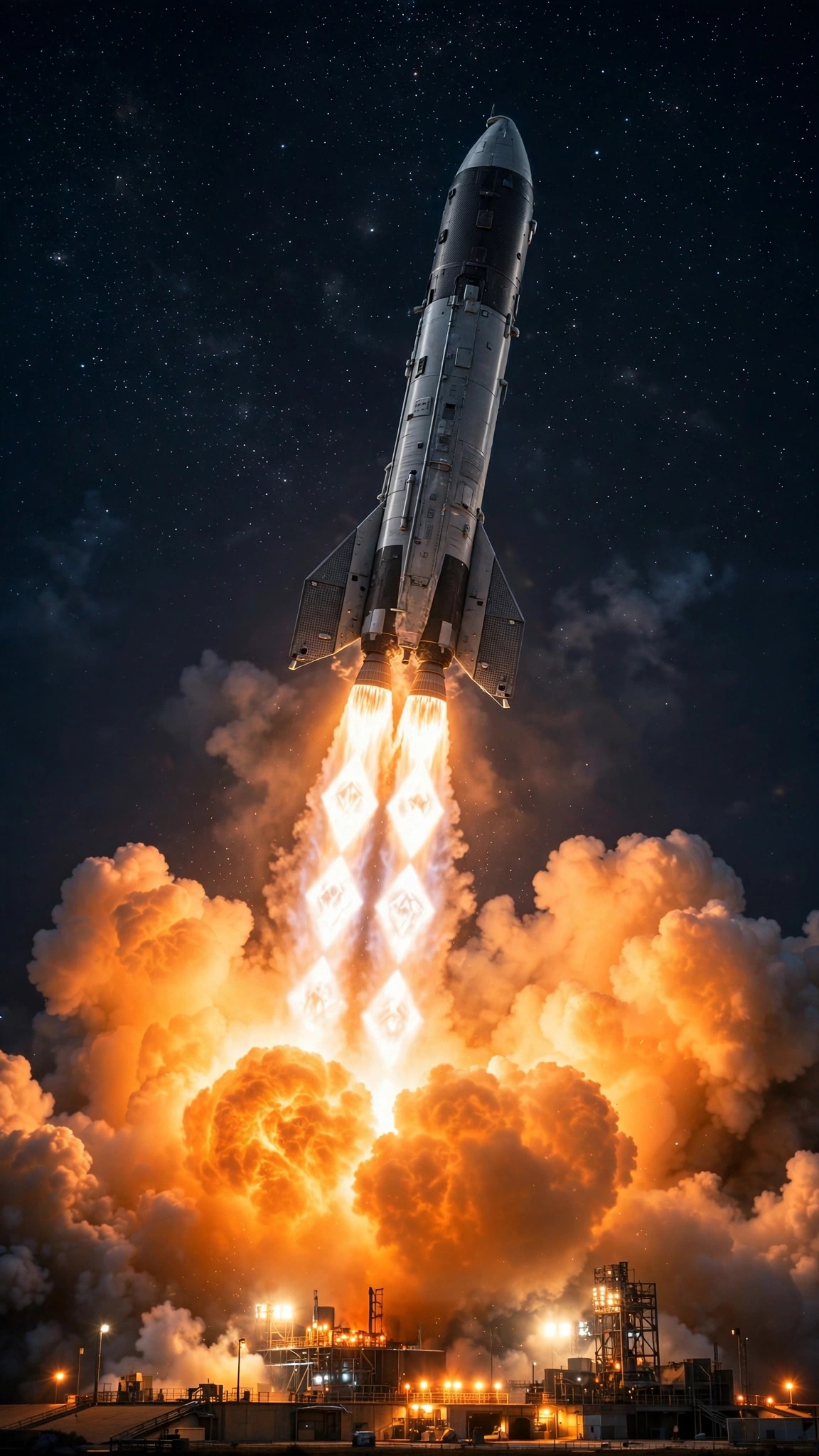Night rocket launch with a brilliant orange-white engine plume and shock diamonds over the launch pad