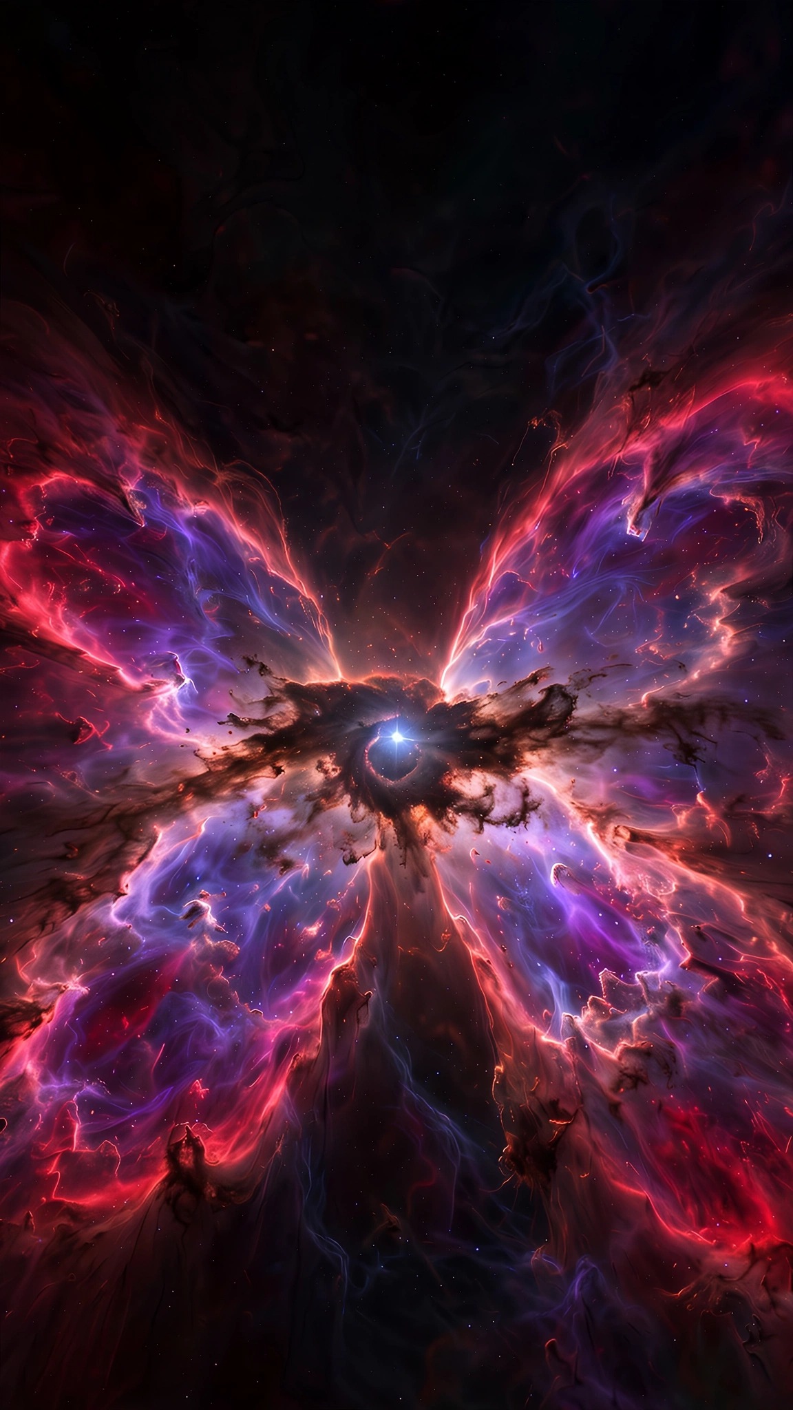 Butterfly Nebula's glowing crimson and violet wings around a central star