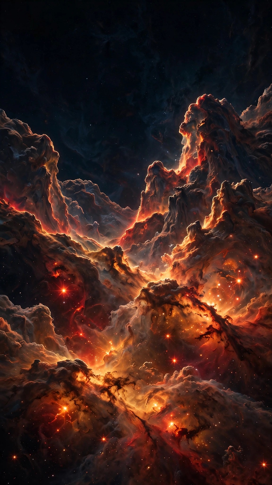 Gas cliffs of the Carina Nebula glowing amber and crimson