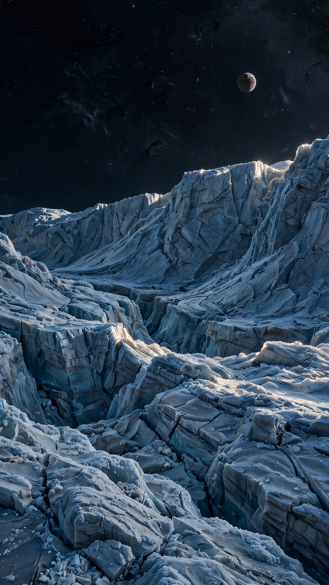 Charon's icy canyons with distant Pluto in a starry sky