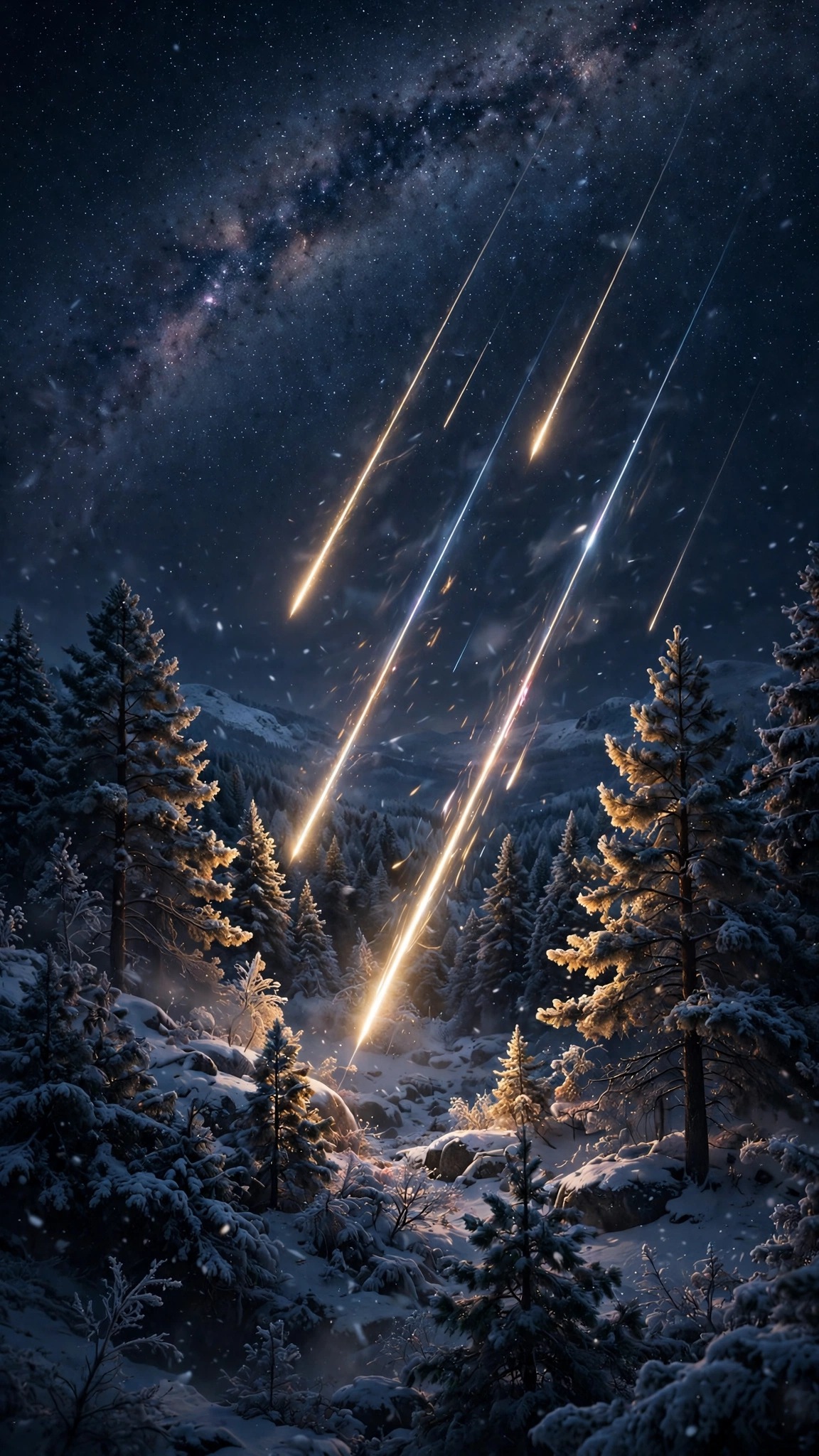 Geminid meteors streaking over a snowy winter forest under the Milky Way