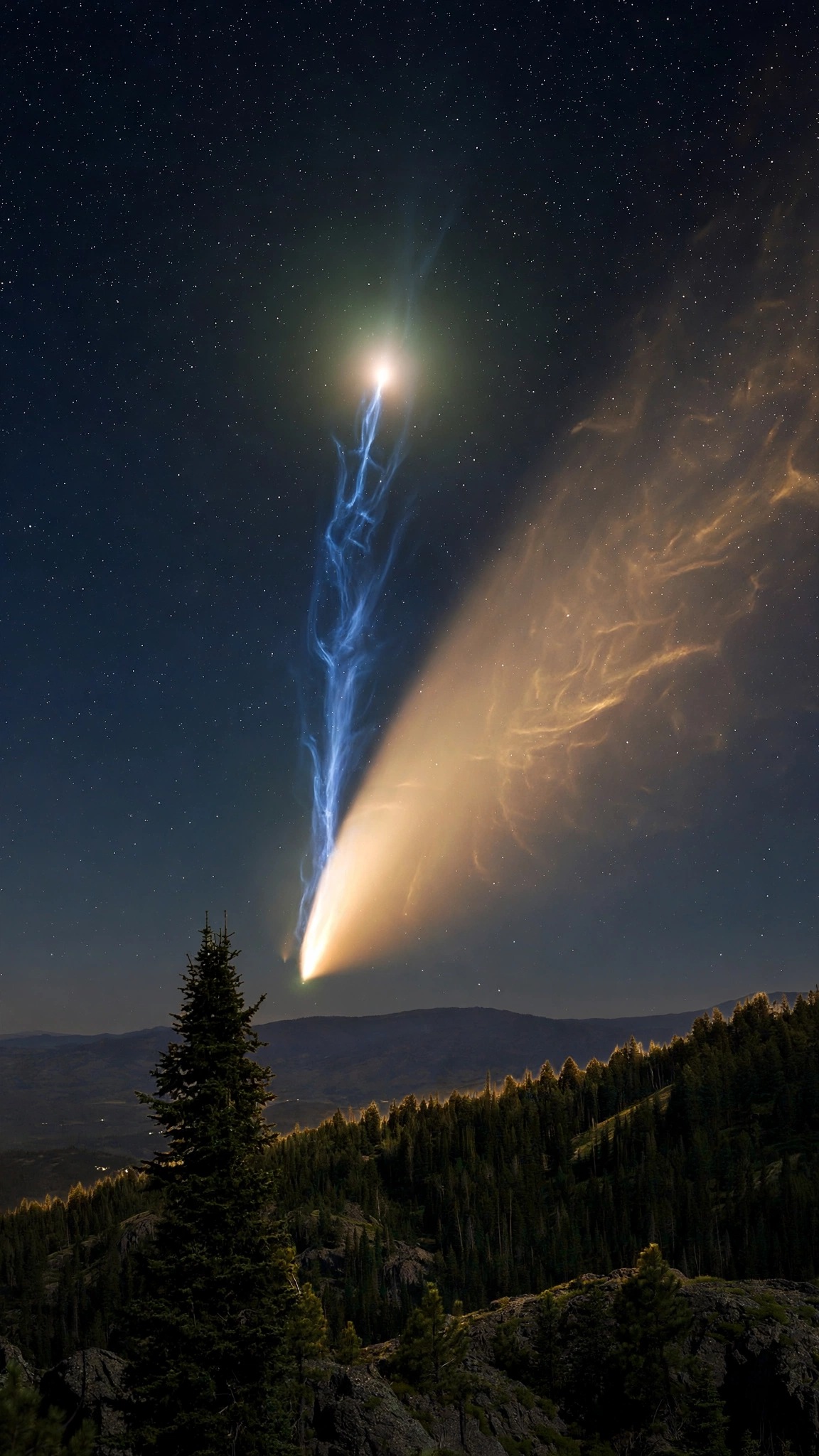 Comet NEOWISE with twin blue and golden tails over dark hills