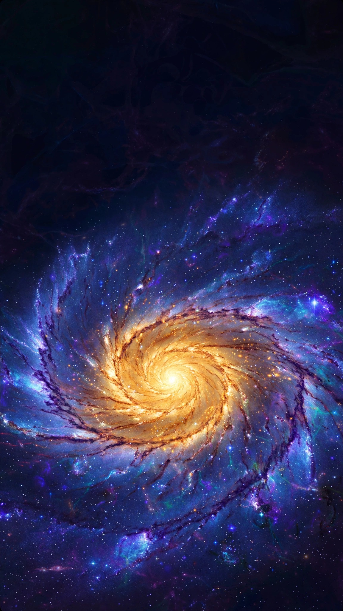 Glowing spiral Andromeda Galaxy with golden core and violet-blue arms