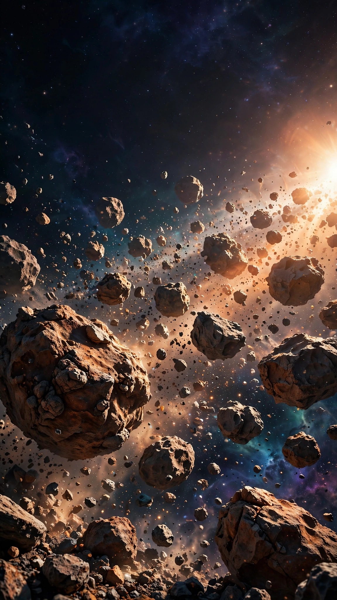 Sunlit rocky asteroids drifting through a debris field in deep space