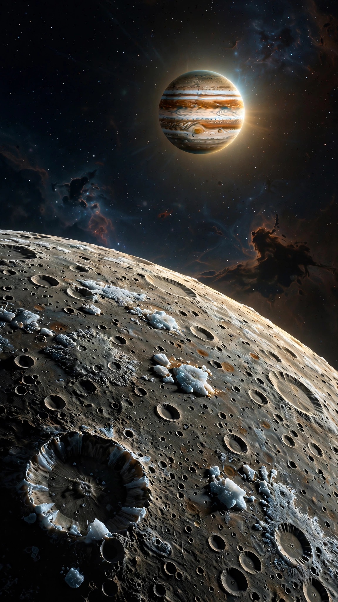 Cratered icy moon Callisto with giant Jupiter glowing behind it