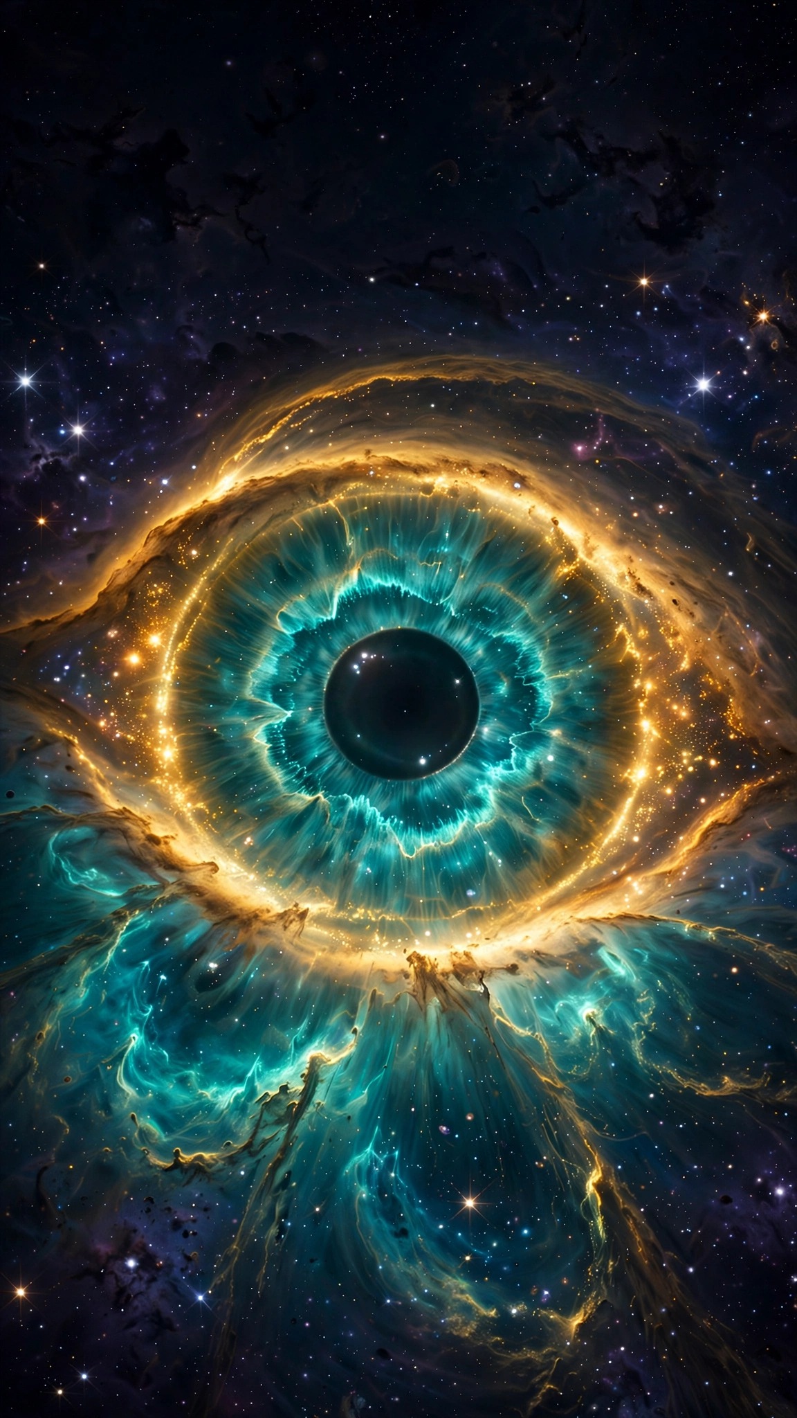 Helix Nebula glowing like a giant cosmic eye with teal and golden rings
