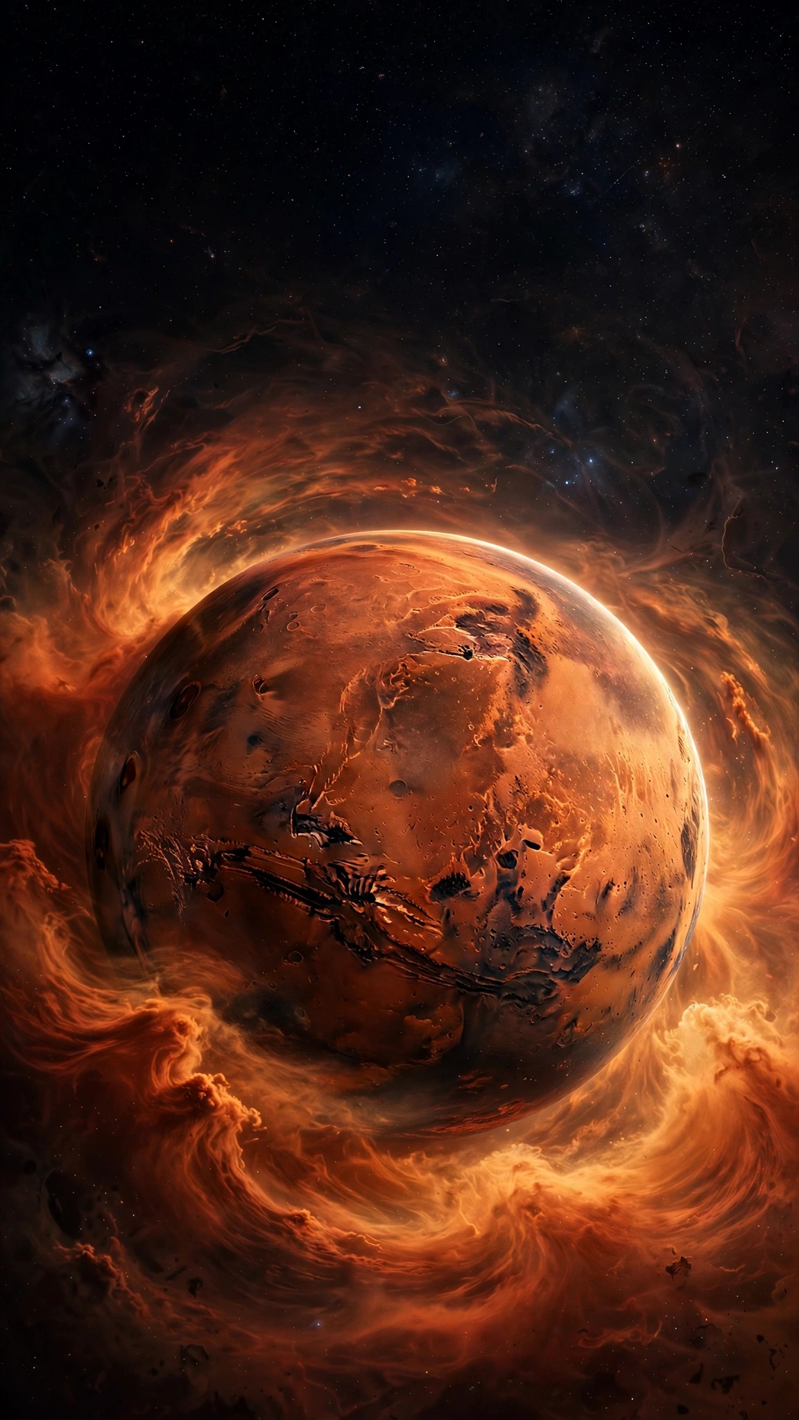 Red planet Mars wrapped in swirling orange dust storm clouds