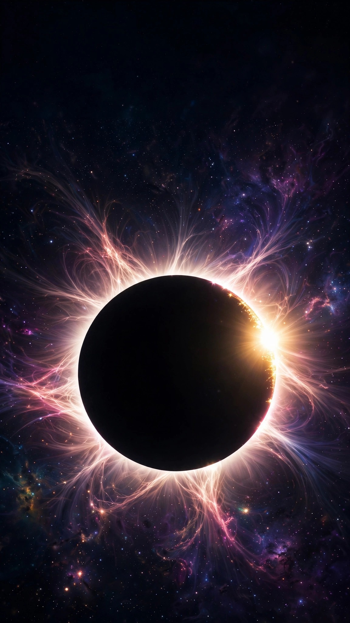 Total solar eclipse with glowing corona and diamond ring flash