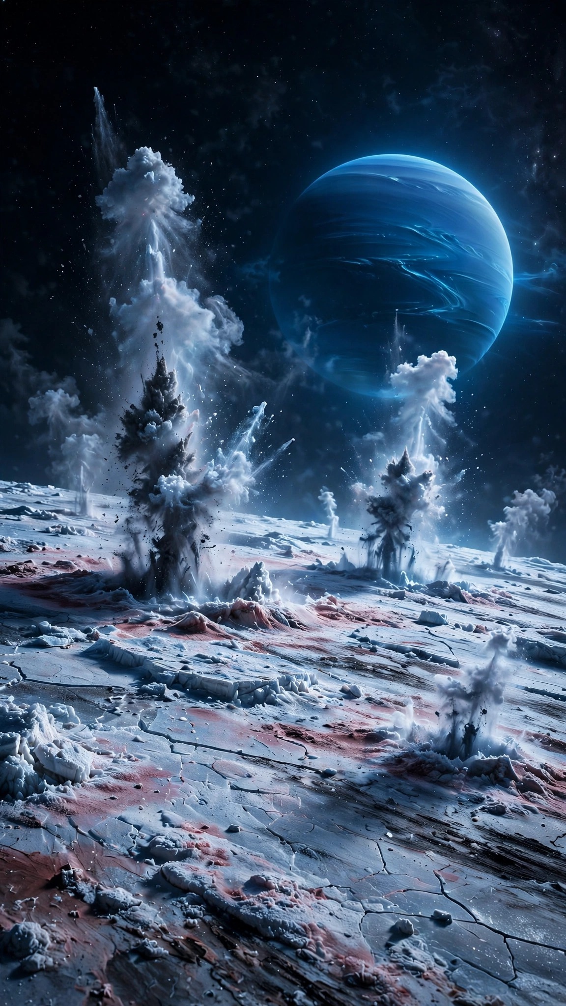 Triton with erupting nitrogen geysers and blue Neptune behind it