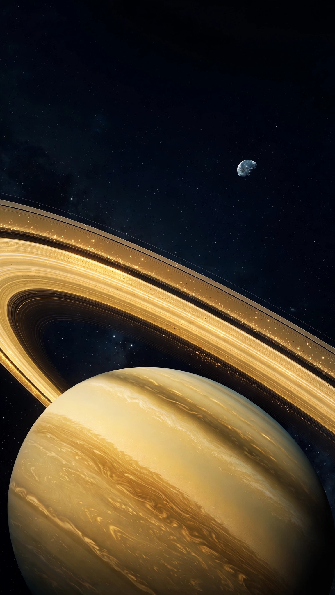 Saturn with glowing golden rings and a small icy moon in deep space