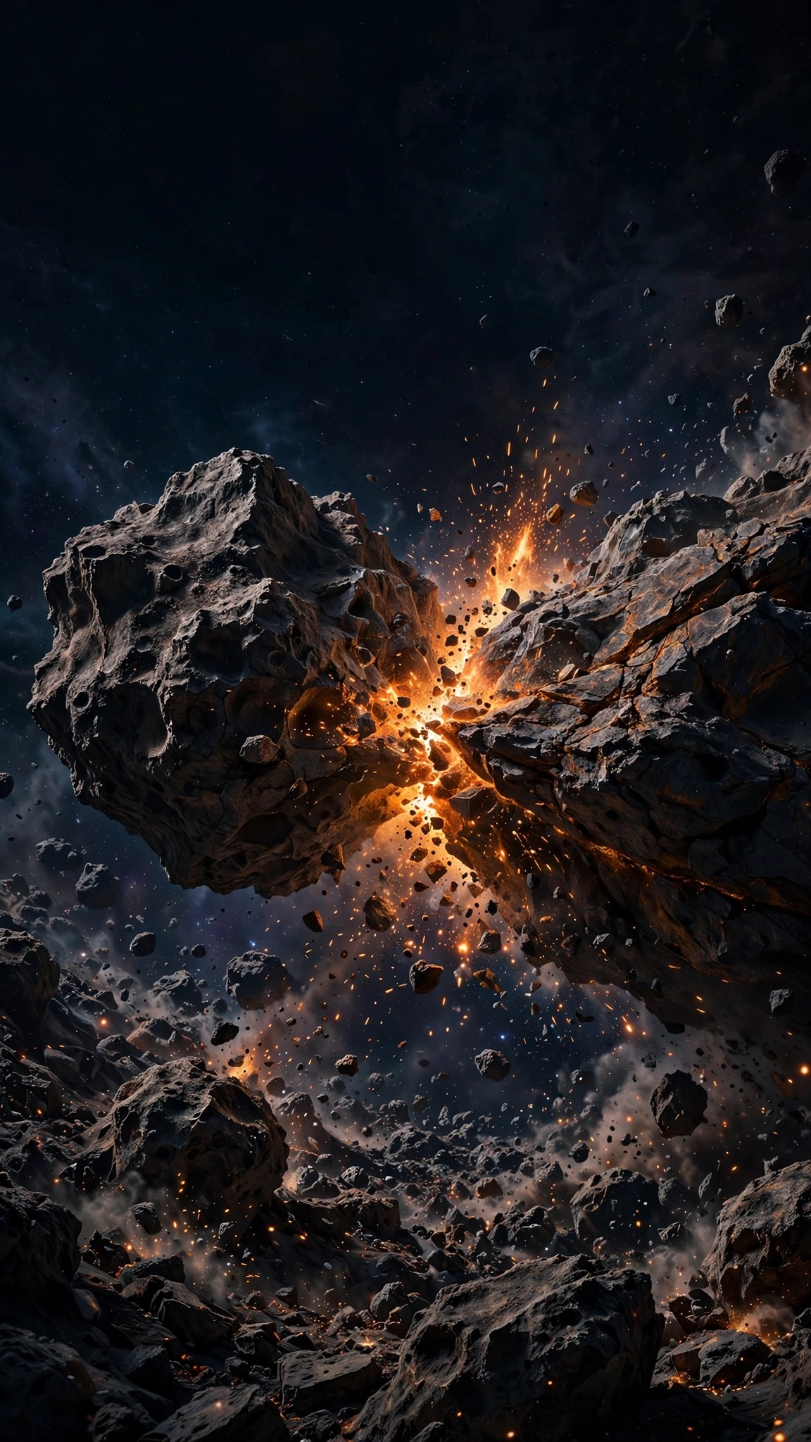 Asteroid collision sparks and debris space wallpaper