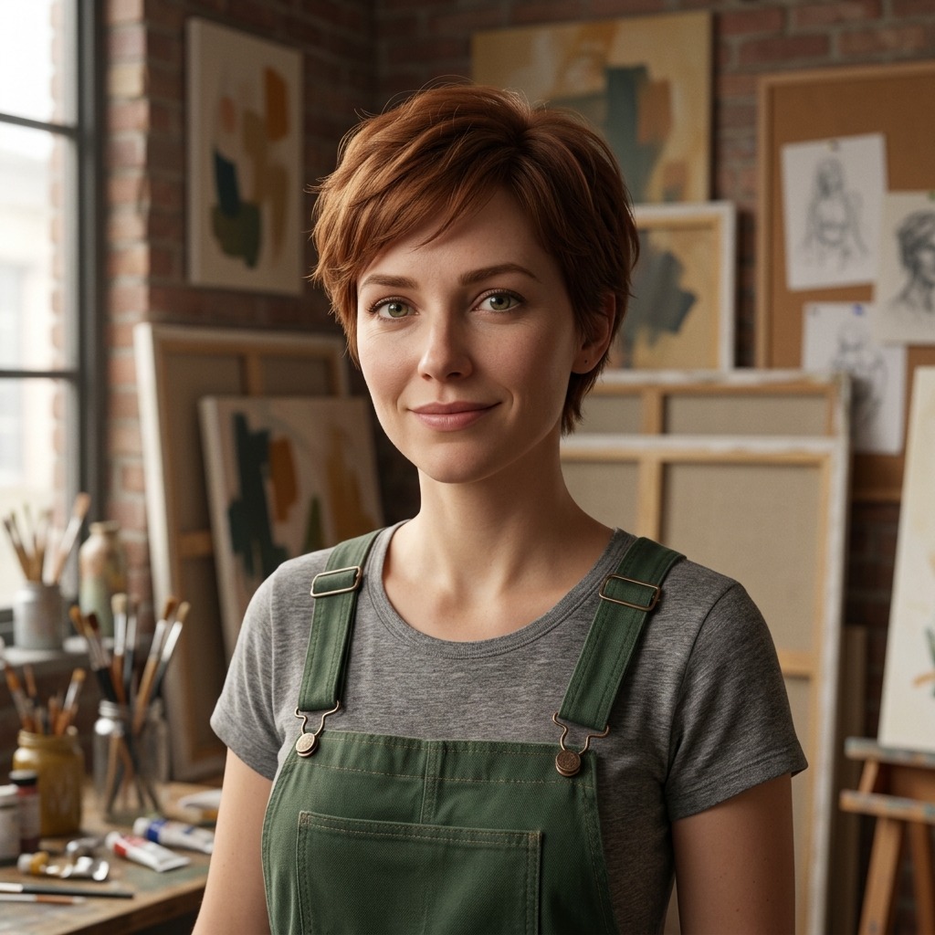 An adult woman with short auburn hair and green overalls in art studio