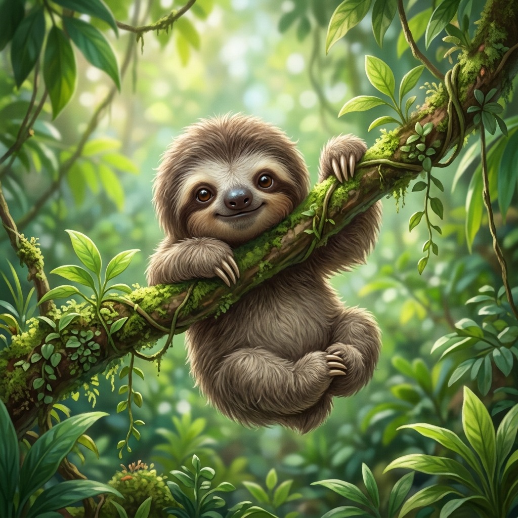 Baby sloth hanging from a leafy branch