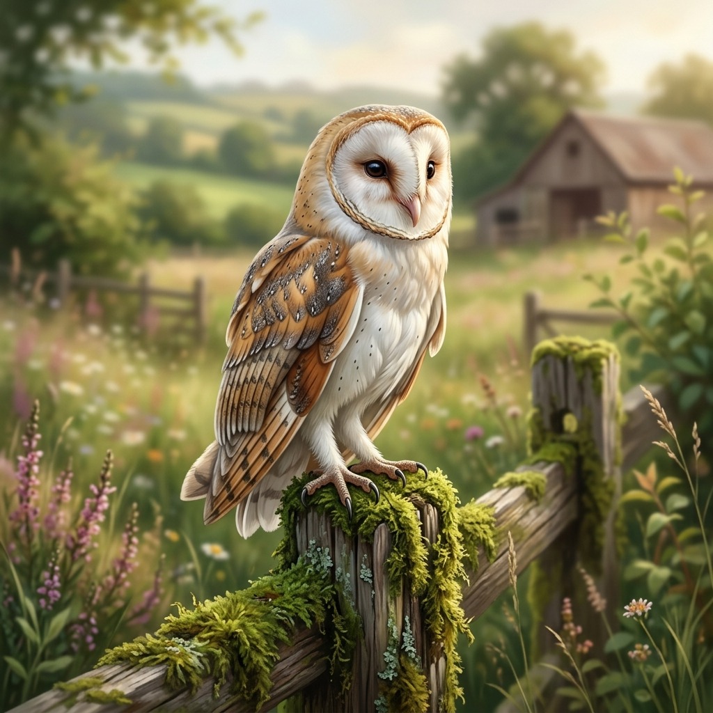 Barn owl on a mossy fence