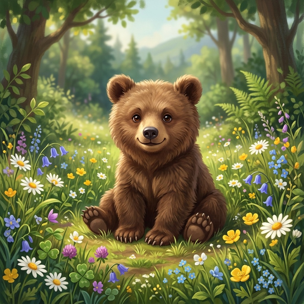 Brown bear cub near wildflowers