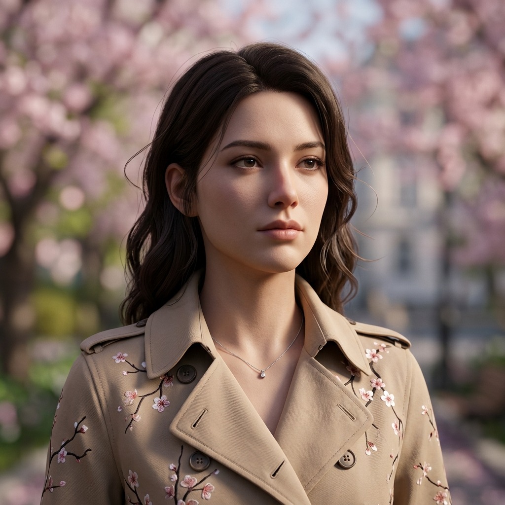 An adult woman with beige trench coat with cherry blossoms