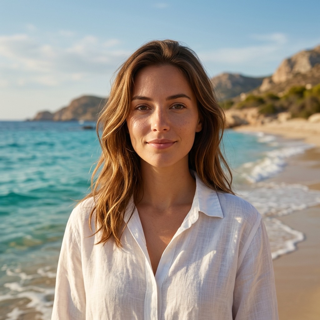 An adult woman with white linen shirt near a turquoise sea