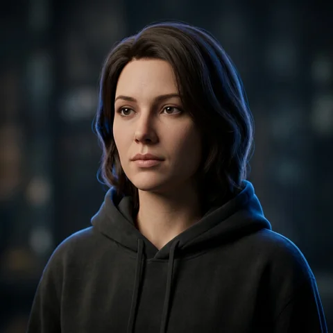 An adult woman with black hoodie and cobalt rim lighting