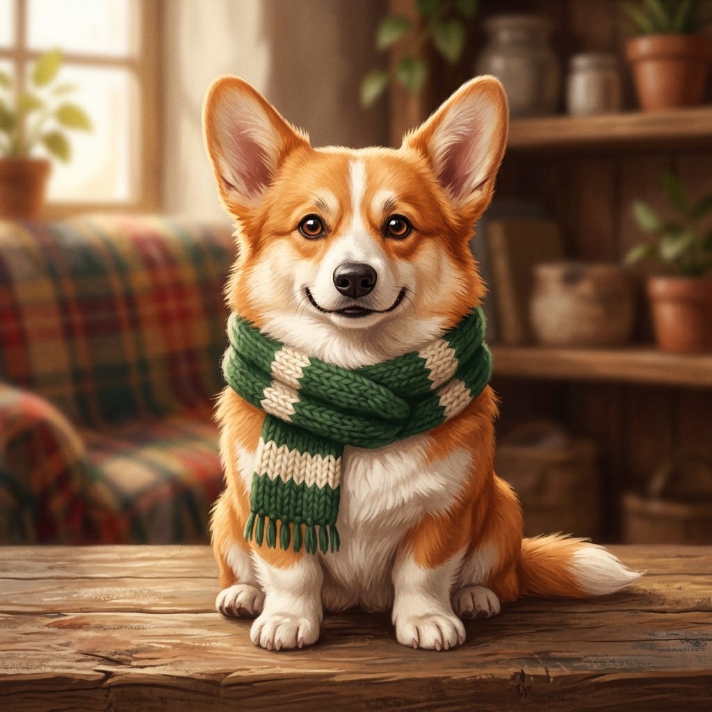 Corgi wearing a plain knitted scarf