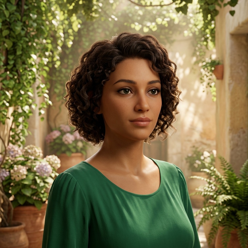 An adult woman with emerald dress beside a leafy courtyard
