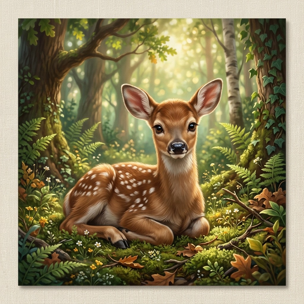 Fawn under woodland sunlight