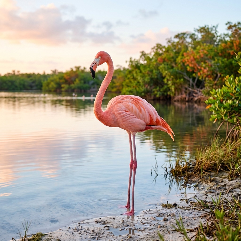 Flamingo beside a calm lagoon