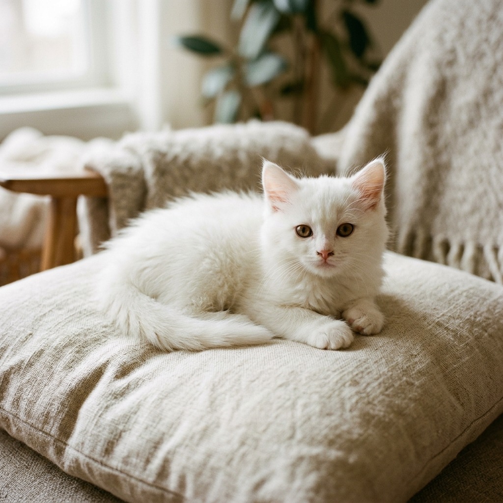 Fluffy white kitten on a linen cushion