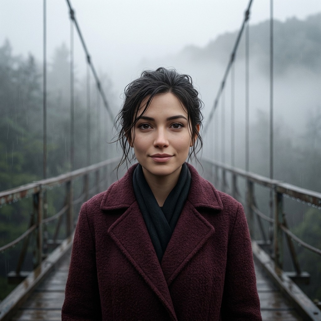 An adult woman with burgundy coat on a foggy bridge