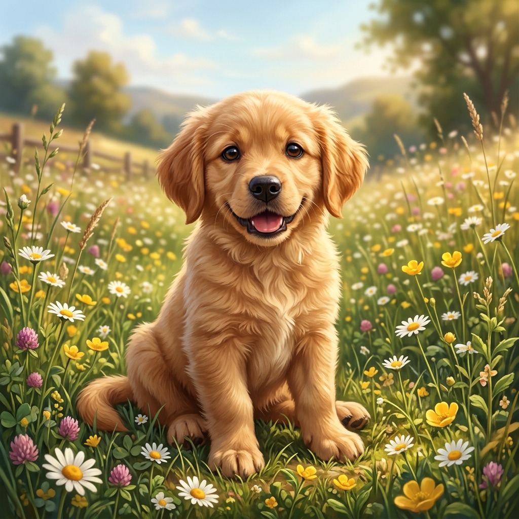Golden retriever puppy in a meadow