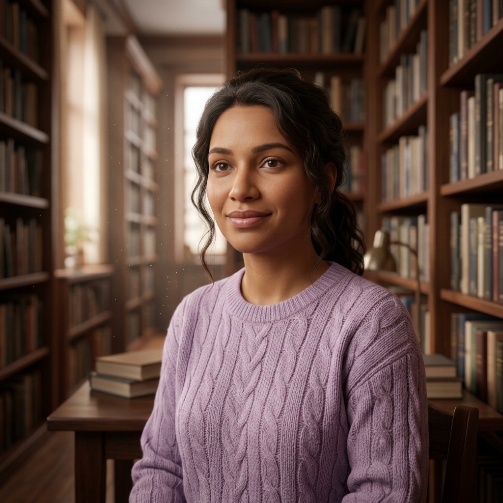An adult woman with lavender sweater in a quiet library