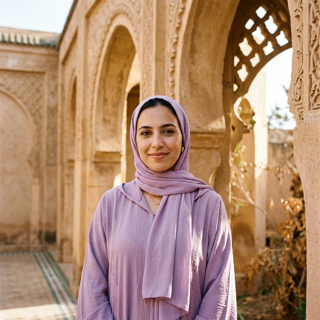 An adult woman with lilac abaya beside sunlit sandstone arches