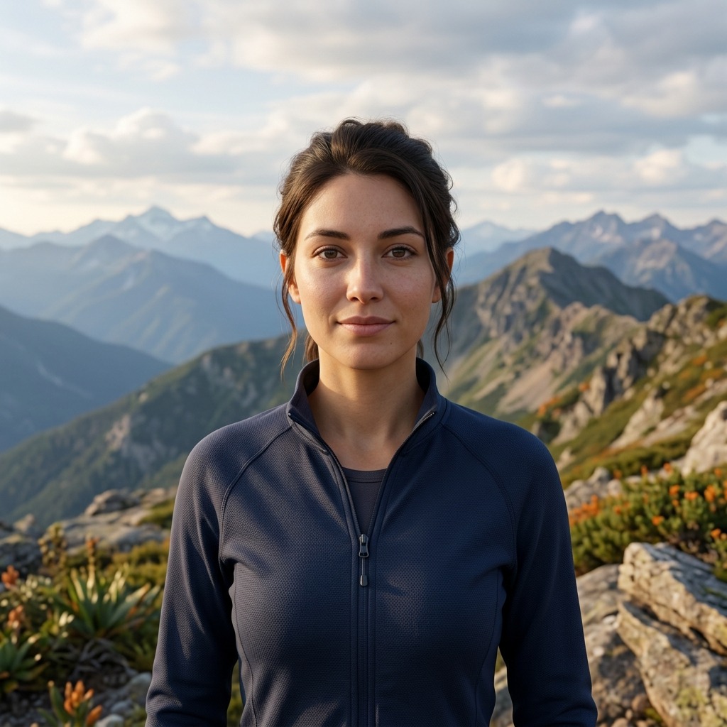 An adult woman with sporty navy jacket on mountain overlook