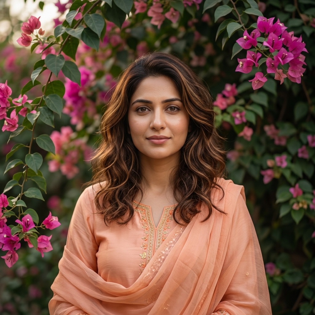 An adult woman with peach shalwar kameez by bougainvillea