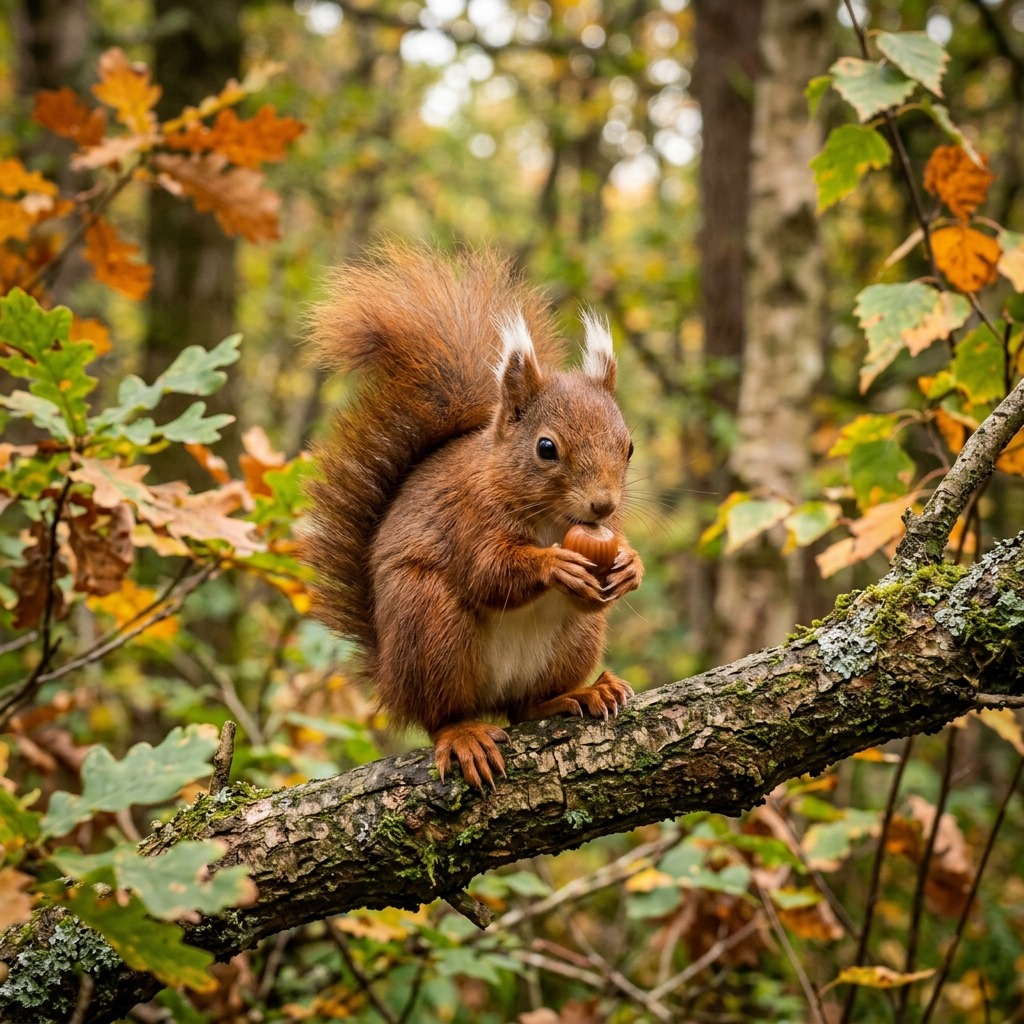 Red squirrel holding a hazelnut